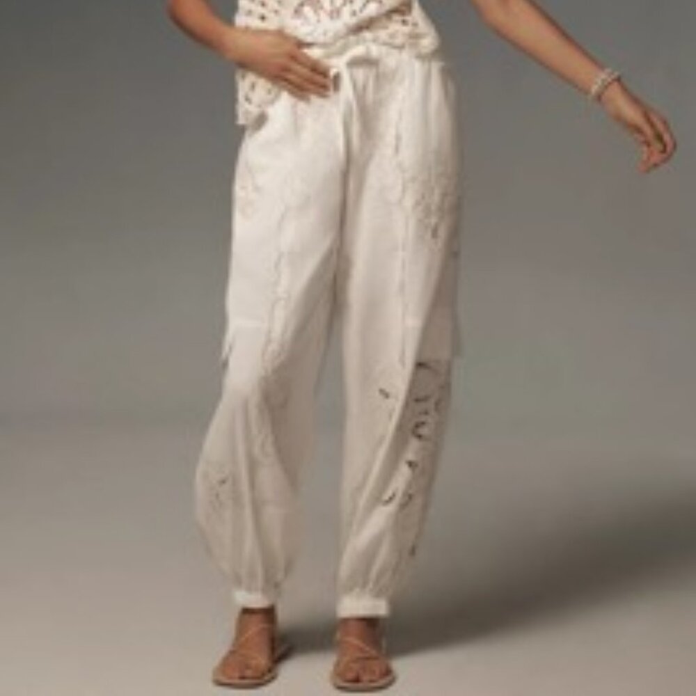 NWT Anthropologie Embroidered Linen Pull-On Joggers XL P